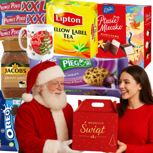 Zestaw Prezent dla Firm Kawa Jacobs Herbata Lipton  Kubek Ptasie Mleczko Wedel Kubek Milka Słodycze Gotowe Paczki Mikołajkowe 