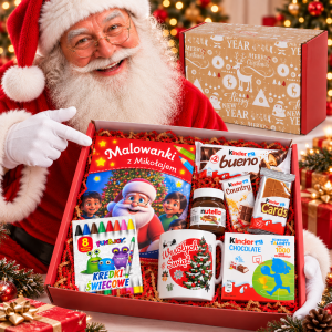 Zestaw Prezentowy na Mikołajki Święta Boże Narodzenie Słodycze Kinder Kolorowanka Kredki Kubek Nutella  Dla dzieci 